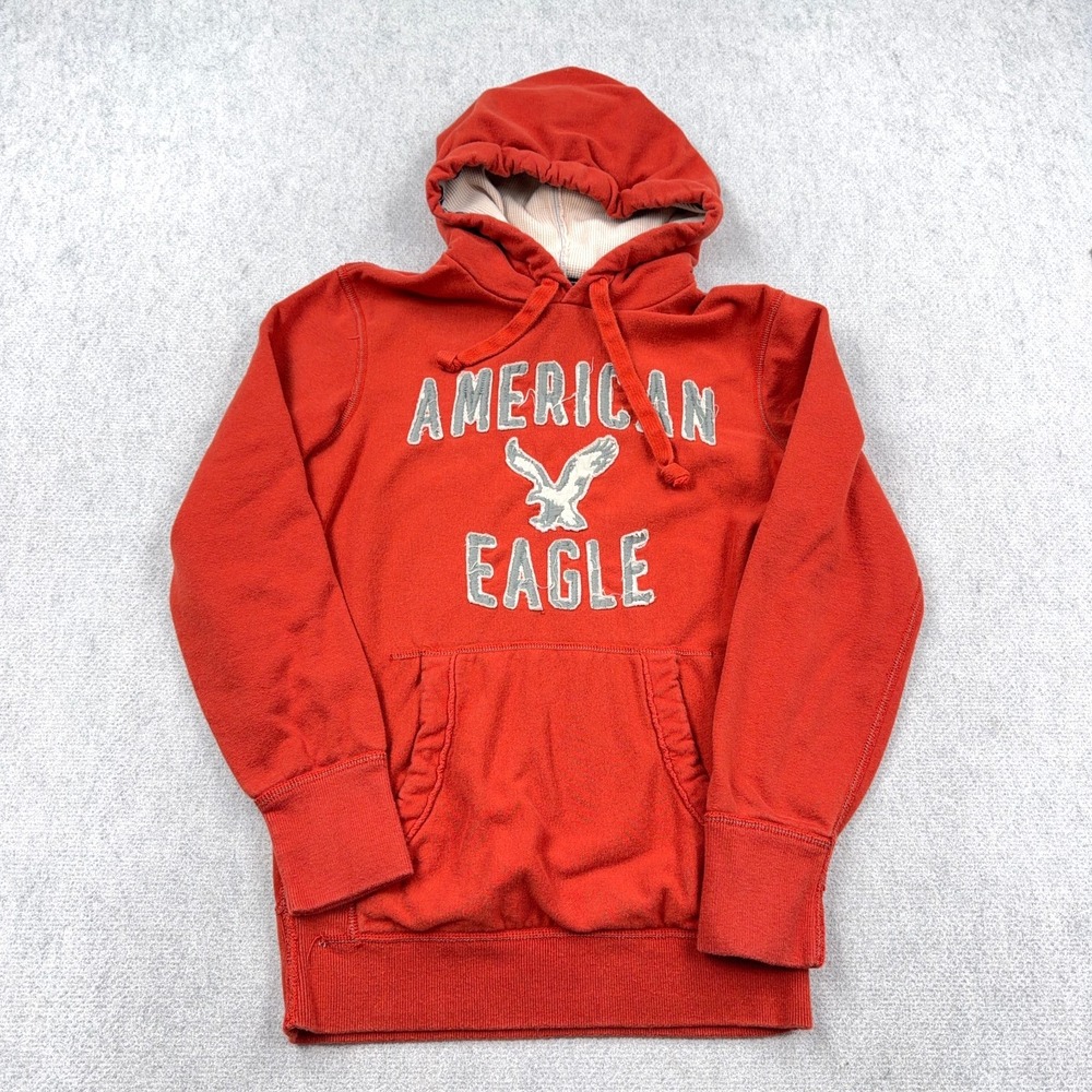 Vintage Y2K American Eagle Hoodie Men XS Orange Sweatshirt 2000s Waffle Hood